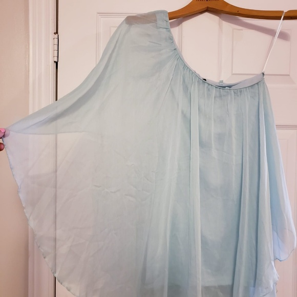 MINT BLUE CHIFFON ONE SHOULDER FLIRTY MINI DRESS S - Picture 2 of 4